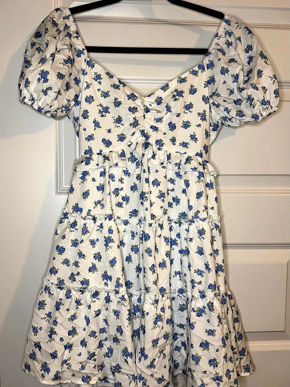Altar'd State Floral Puff Sleeve Mini Dress White & Blue Like New